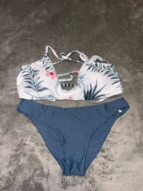 White Floral & Blue Bikini Set